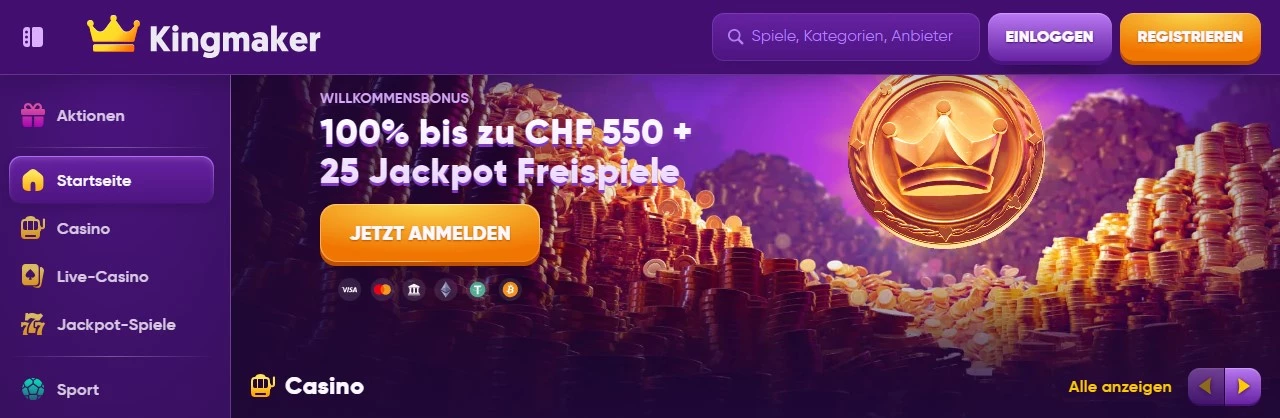 Kingmaker Casino Test 2024: Bis CHF 550 Bonus + 25 FS