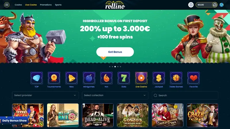 Rollino High Roller Bonus » 200% up to €3,000