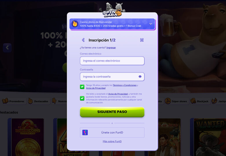 Spinbara Casino - Empieza con un 100% hasta 500€ + 200 TG