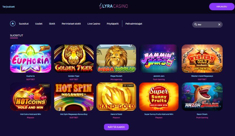 Lyra Casino – ensitalletuksella 200% bonus 500€ asti!