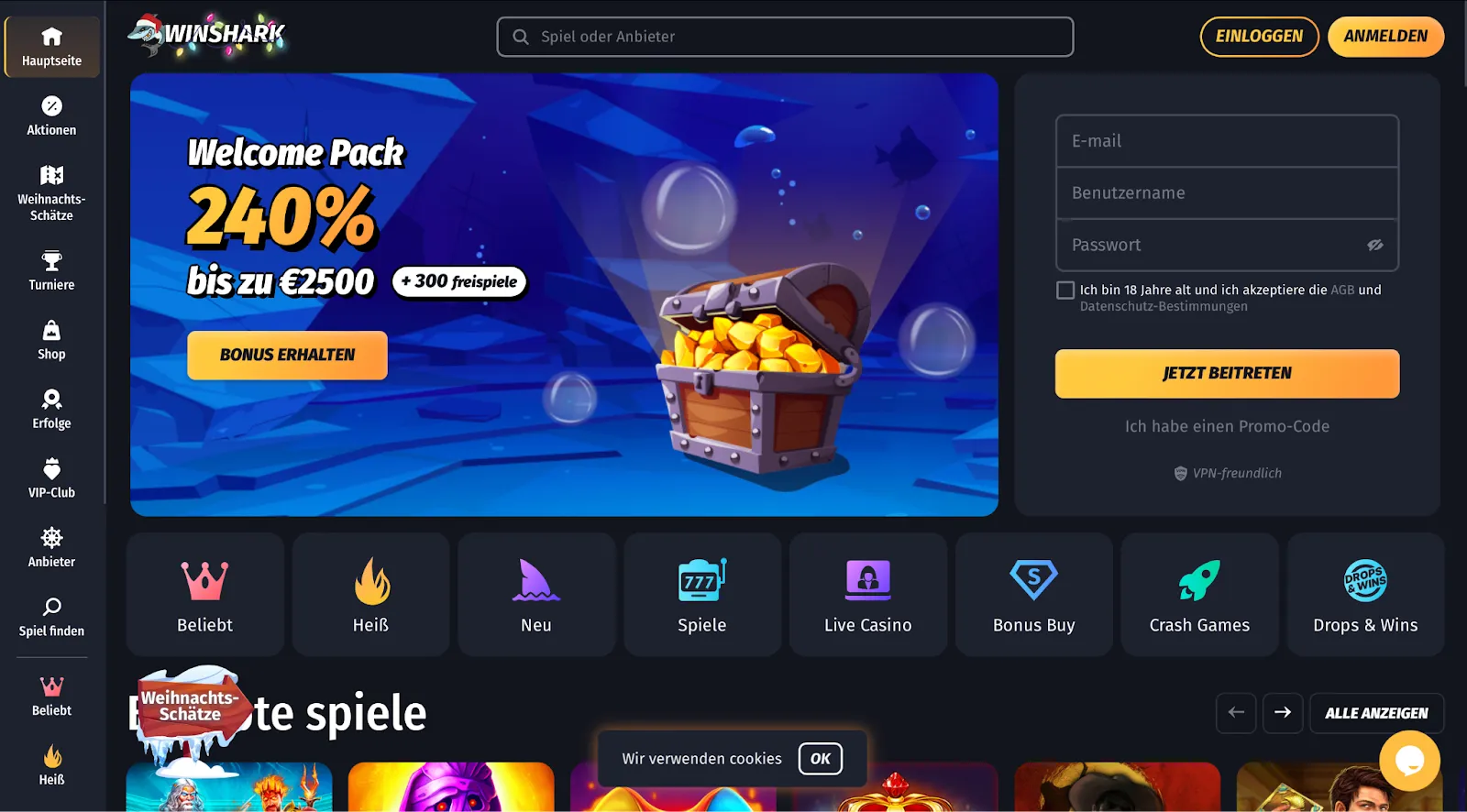 Winshark Casino | 240% Promotion bis zu €2500 + 300 Freispiele