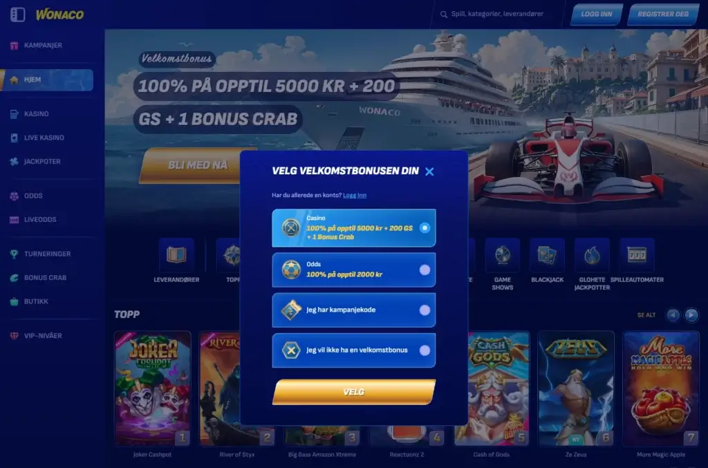Wonaco Anmeldelse 2026 | 100% opptil 5000 kr + 200 gratisspinn