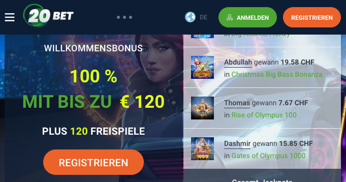 20Bet Casino Schweiz Mai 2025: CHF 120 Bonus + 120 FS
