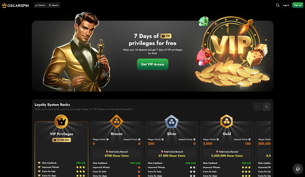 OscarSpin Casino - Grab the offer - 100% up to €1500 + 250 FS