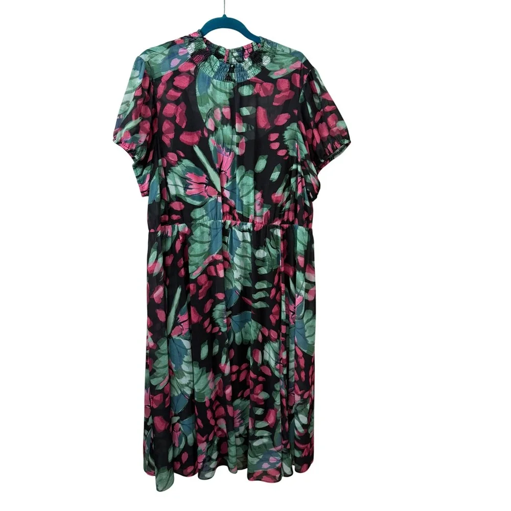 Torrid Womens Plus‎ Size 3 Tropical Floral Chiffon Smocked Midi Dress Black Pink