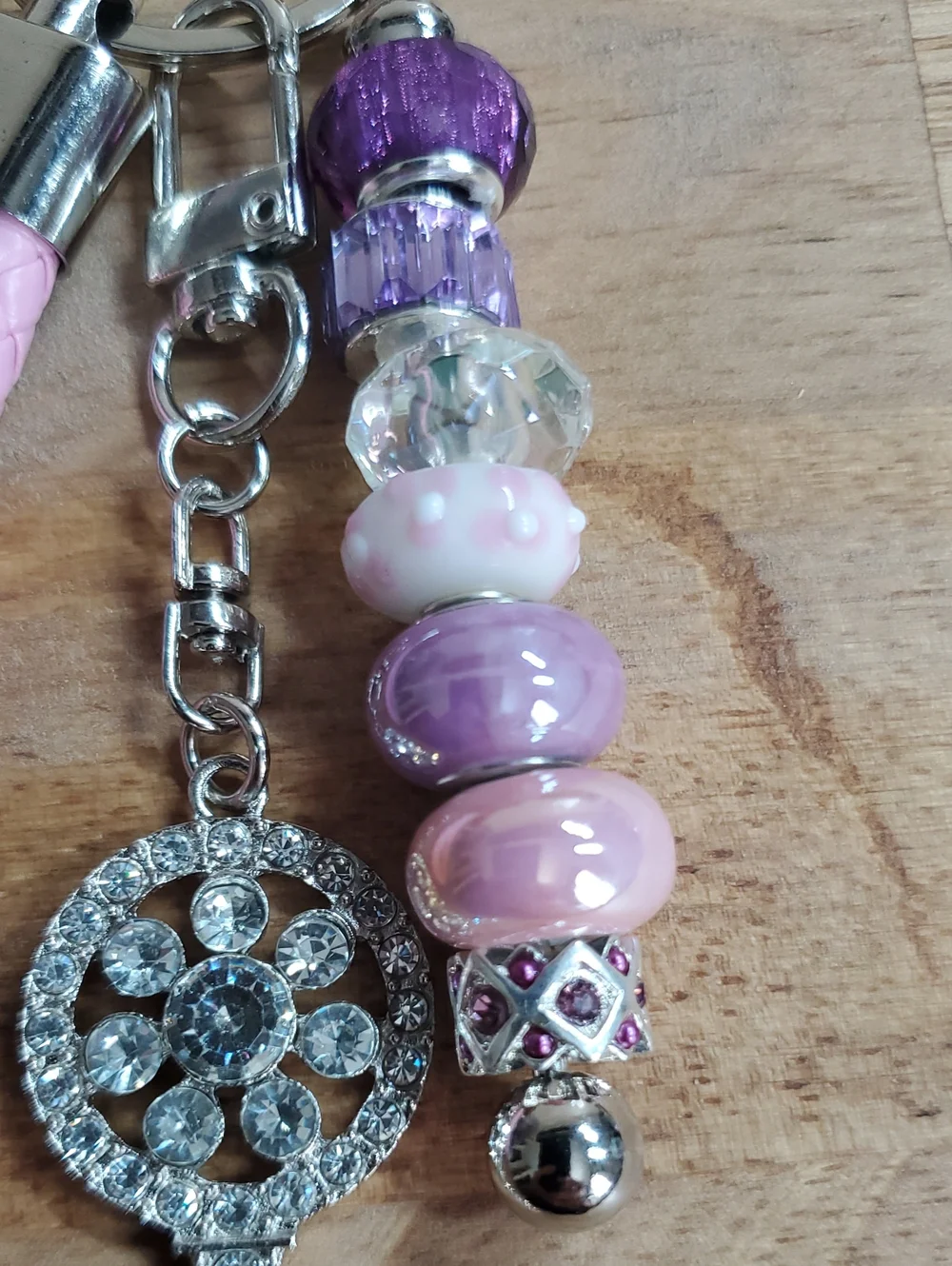 Elegant Pink and Purple Beaded Keychain with Crystal Key Charm