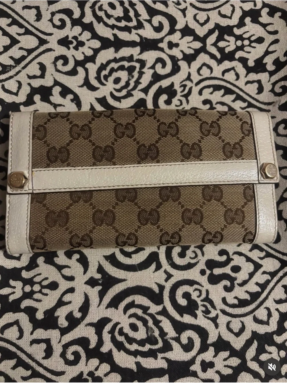 Gucci Brown Monogram Wallet with Cream Trim and Gold Accents