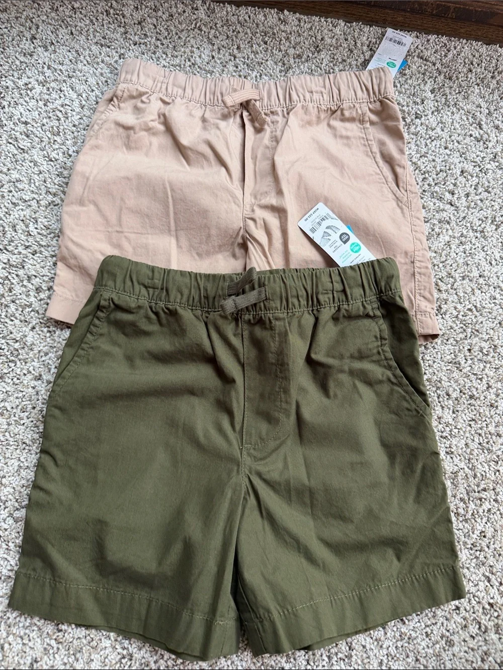 2 - NWT - Carters Elastic-Waist Drawstring Shorts in Olive Green and Light Beige