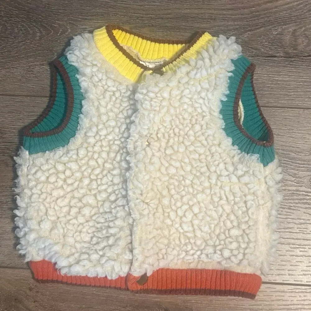 True Vintage x 1970s Carters Sherpa Fleece Color Block Vest Baby 18M White USA!