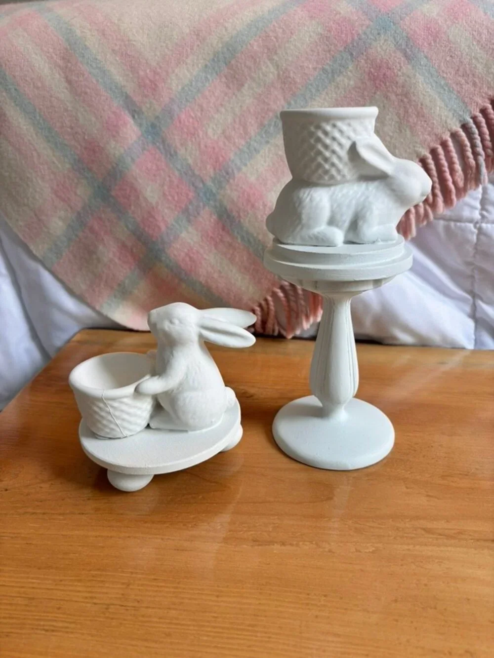 Set of Thrift flip ceramic Easter Bunny egg holders on pedestals
