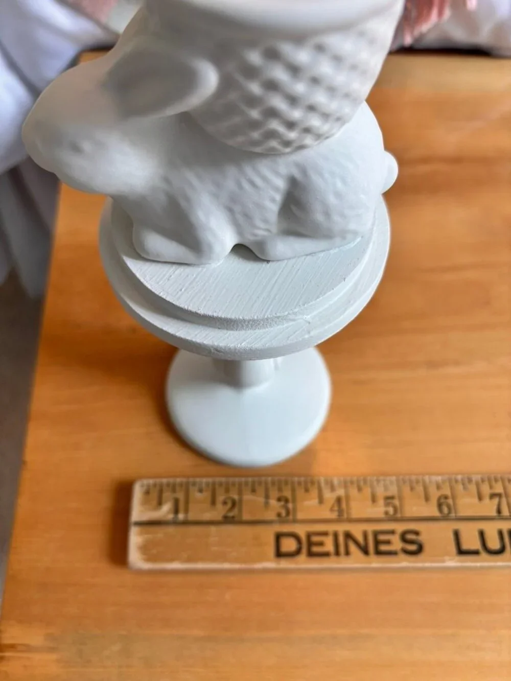 Set of Thrift flip ceramic Easter Bunny egg holders on pedestals