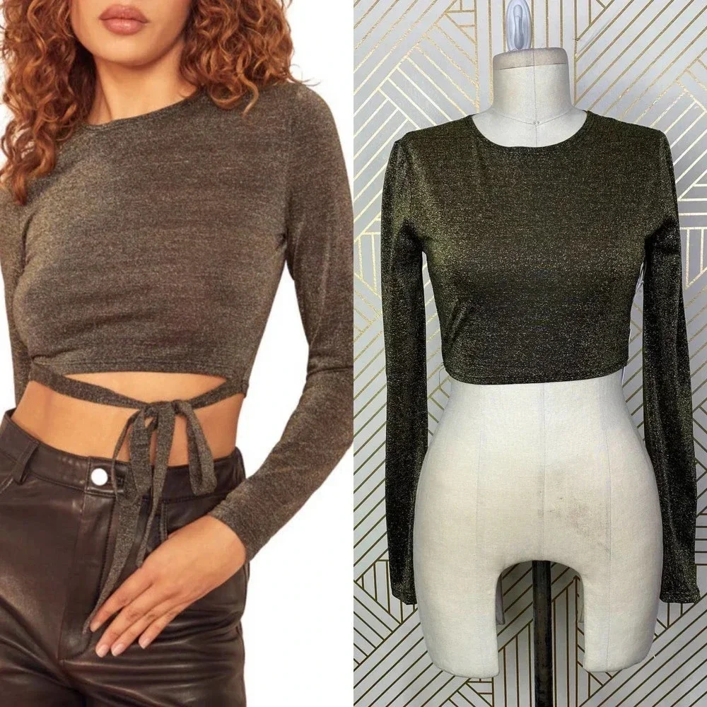 REFORMATION Jupiter Metallic Crop Top In Black‎ Sparkle Size US Small